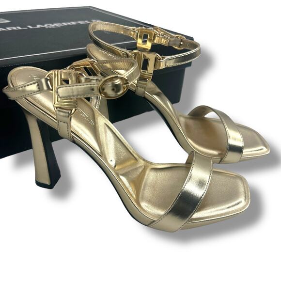 Karl Lagerfeld Gold Strappy Heels Size 8 Metallic Ankle Strap High Stiletto EUC - Picture 7 of 13